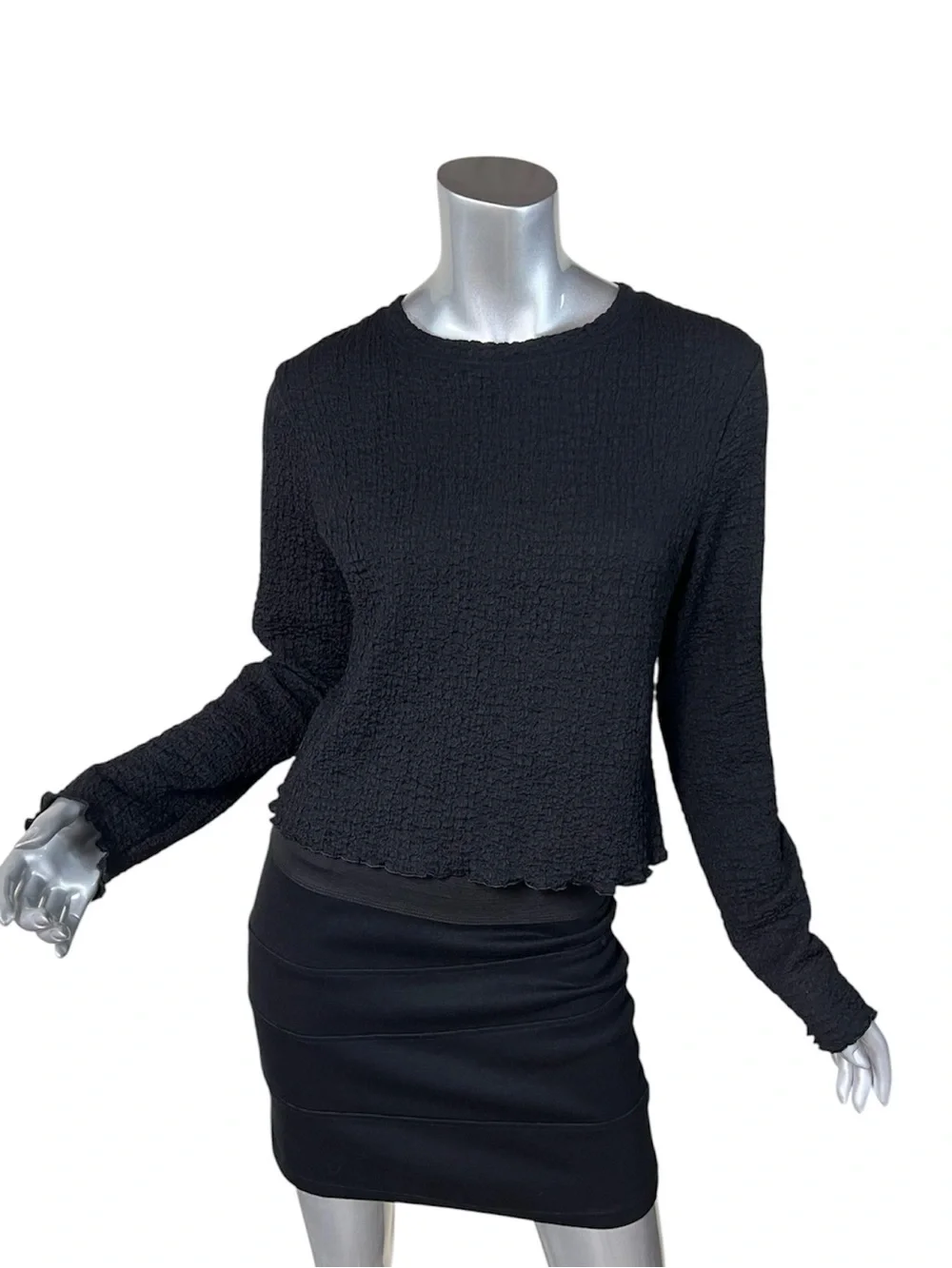 A New Day Women’s Small Textured Long Sleeve Crinkle Blouse Crew Neck Top Black
